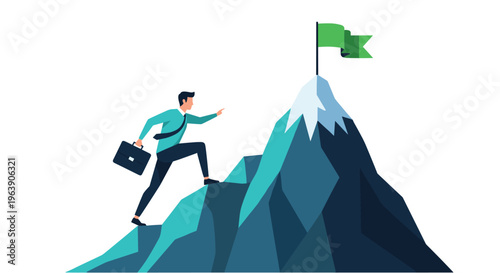 Businessman with briefcase climbing steep mountain toward green flag representing ambition and high goals.