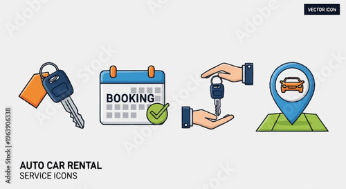 Auto Car Rental Service Icons - Key, Booking, Handover, Location.
