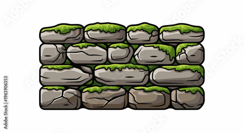 A cartoon-style mossy stone wall, with grey rocks and green moss