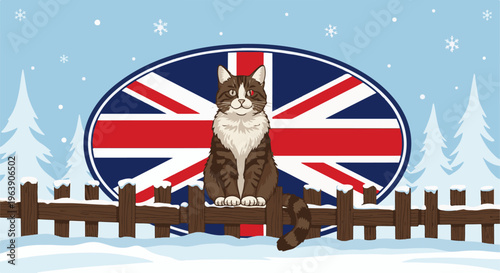 A cat sits on a fence with a Union Jack flag in a snowy landscape