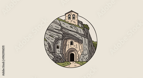 A cave dwelling with a bell tower atop a rocky cliff face