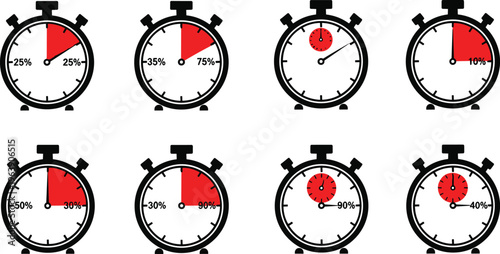 Stopwatch timer with red percentage indicators showing time elapsed or remaining for races and events.