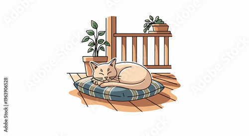 A cat sleeps soundly on a striped pillow on a wooden porch with potted plants