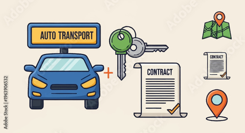 Auto Transport Services - Car, Keys, Contract, and Location Icons.