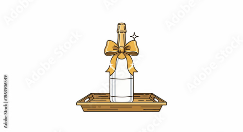 A celebratory bottle of bubbly tied with a golden bow on a tray
