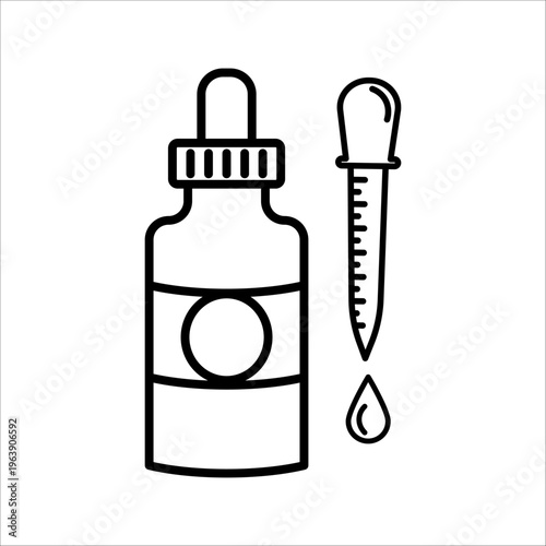 Glass dropper bottle icon for laboratory or e-liquid, chemical reagent bottle with pipette and fluid drop isolated on white.