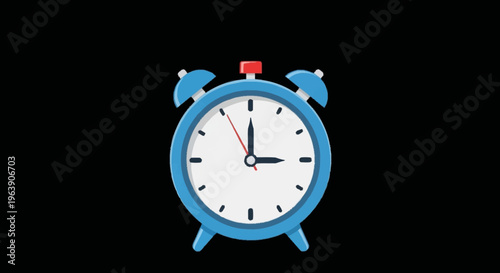 Blue Alarm Clock with Bells and Red Button on Black Background.