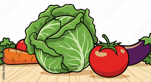 A cartoon assortment of fresh vegetables rests on a wooden surface