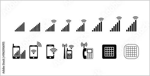 Telecommunication signal strength icons and mobile phone wireless connection symbols for connectivity.