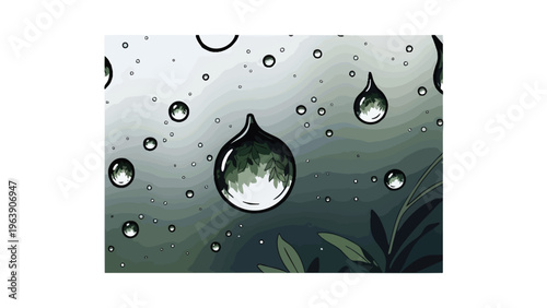 Realistic Water Droplets on Glass Background, Macro, Nature Reflections, Freshness, Purity