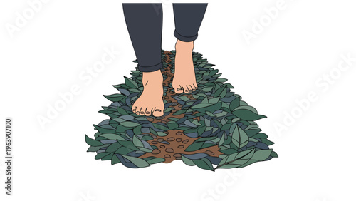 Barefoot steps on leaves, nature path, outdoor adventure, mindfulness journey, eco-friendly concept