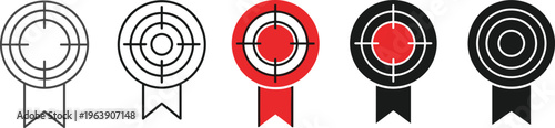 Award ribbon with target bullseye symbol for winning achievement recognition and excellence award.