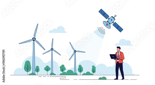 Modern engineer using laptop to monitor renewable energy from wind turbines with advanced satellite communication tech.