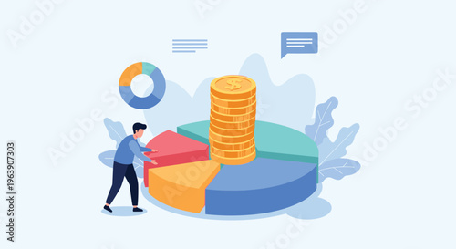Creative man completing a colorful pie chart structure with a stack of golden coins in the center for financial data.
