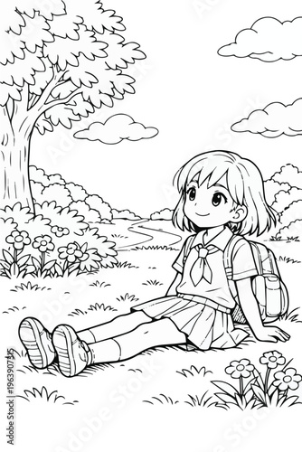 Simple vector of a young schoolgirl in uniform sitting in a park after school, designed with clean lines and a calm atmosphere, capturing a quiet and reflective moment.