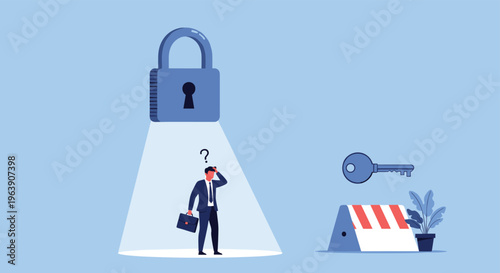 Confused businessman in suit standing under a giant blue padlock while looking for a solution with a large key nearby.
