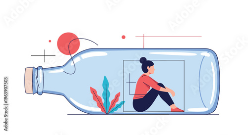 Loneliness and isolation concept showing a sad woman sitting inside a small box trapped within a glass bottle.