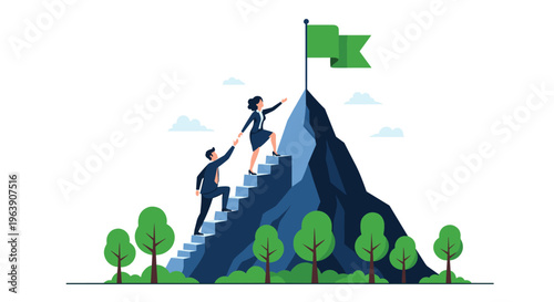 Teamwork and mentorship concept showing a man helping a woman climb steps up a steep mountain towards a green flag.