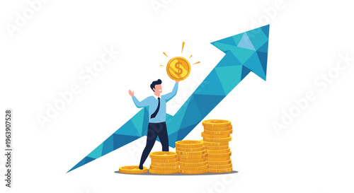 Happy businessman celebrating success while standing on a pile of gold coins with a large blue rising arrow background.
