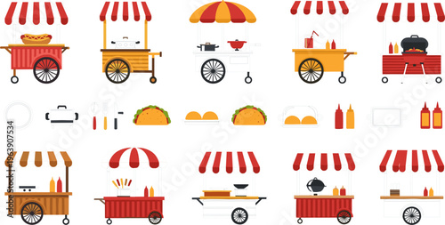 Street Food Carts and Fast Food Stall Icons Featuring Hot Dogs, Tacos, and Outdoor Cooking Equipment