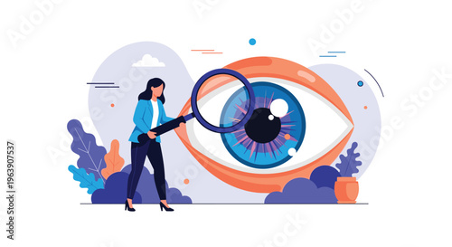 Woman in formal wear using a giant magnifying glass to perform a detailed inspection of a massive human eye graphic.