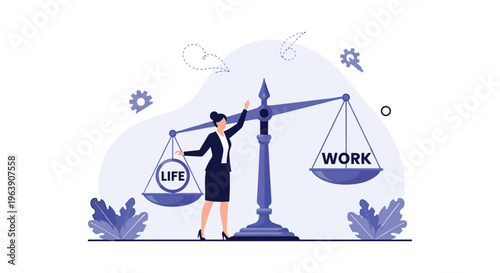 Professional woman in suit balancing the words life and work on a giant mechanical scale in a peaceful office setting.