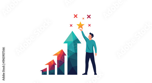 Ambitious young man reaching up to catch a bright yellow star above a rising bar chart with colorful arrow graphics.