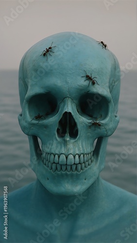 human skull on blue