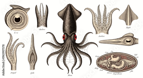 Vintage Squid Anatomy Scientific Illustration