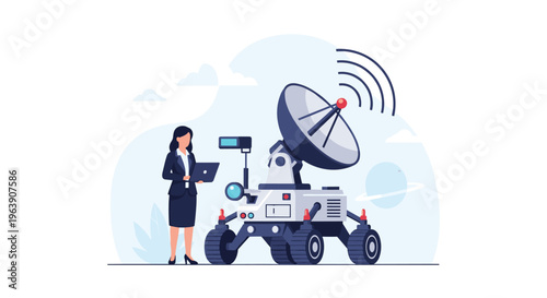 Female scientist in uniform using a laptop to monitor a modern autonomous space exploration rover on a foreign planet.