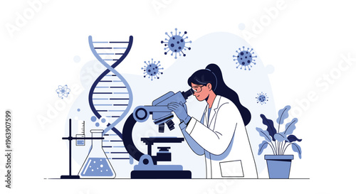 Female laboratory researcher in glasses looking through a professional microscope in a lab with DNA and virus icons.