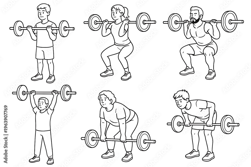 Naklejka premium set of fitness icons man woman exercise weight lifting