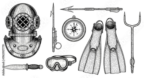 Vintage Diving Gear and Scuba Equipment Hand Drawn Illustration