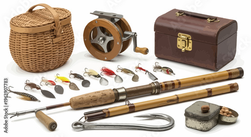 Vintage Fishing Gear Collection with Rod, Reel, and Lures