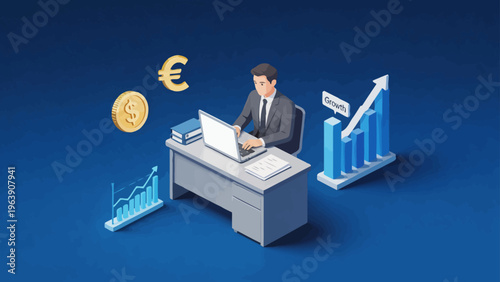 Businessman working on laptop with financial symbols