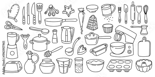 Doodle kitchen utensils. Line cooking tools, hand drawn prepare food equipment, cutlery spoon knife cup pot, cartoon restaurant kitchen elements. Vector cooking set