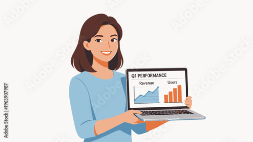Woman holding laptop with performance charts