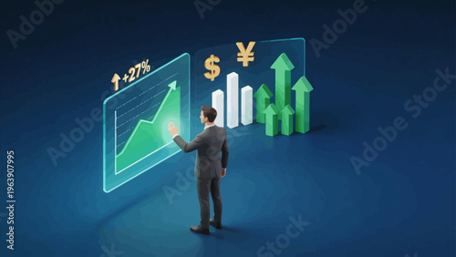 Businessman interacting with financial growth charts