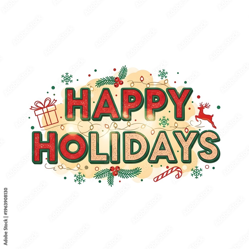 Obraz premium Holiday greeting with colorful happy holidays text and festive decorations