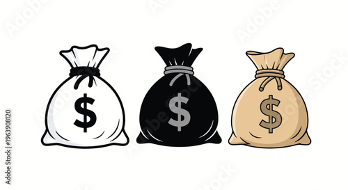 Set of money bag icons on white background, different styles, outline, flat, cartoon.