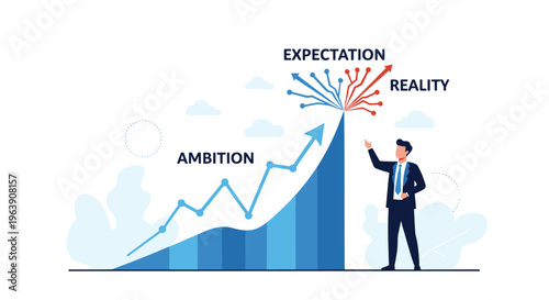 Businessman pointing at a business chart where an ambition path splits into complex paths for expectation and reality.