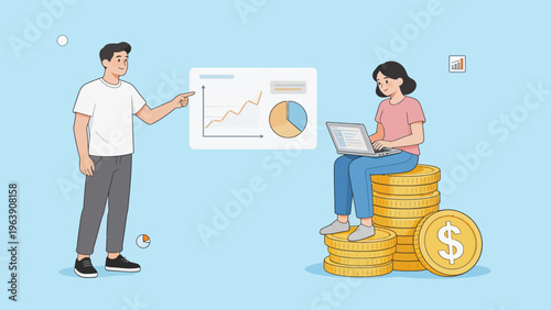 Two people discussing financial data