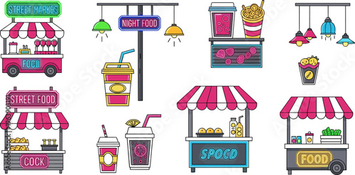 Colorful Street Food Market Stalls and Snack Kiosks Illustration Set with Drinks, Fries, and Urban Festival Vendors
