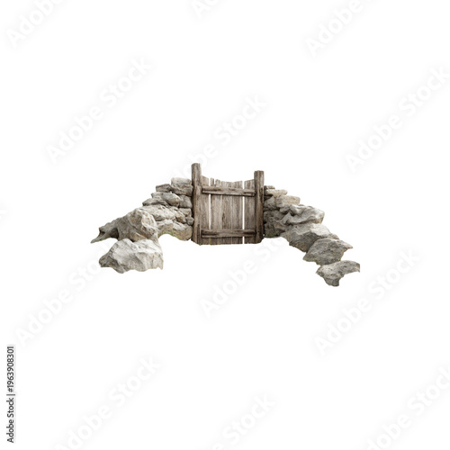 Old wooden gate with stone wall rustic fence entrance weathered rural structure isolated detailed object isolated on white background