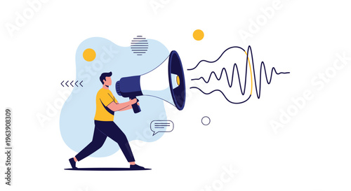Man in a yellow shirt shouting loudly into a giant megaphone with visible sound waves for a public announcement.