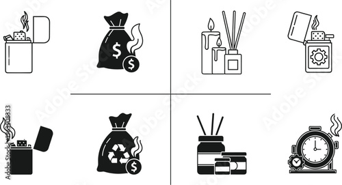 Set of icons for lighters, money bags, candles, and aromatherapy diffuser.