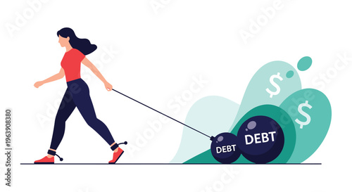 Young woman struggling to walk while dragging heavy metal balls chained to her ankles with the word debt written on them.