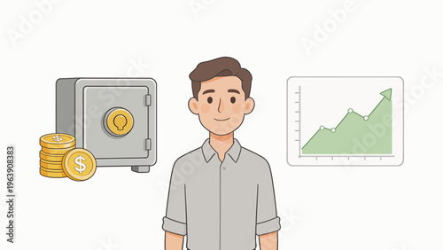 Man with safe coins and growth chart