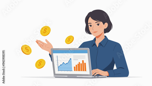 Woman with laptop and floating coins