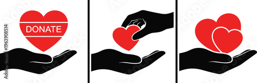 Heart in hand icons representing donation, charity, and giving in red and black colors.